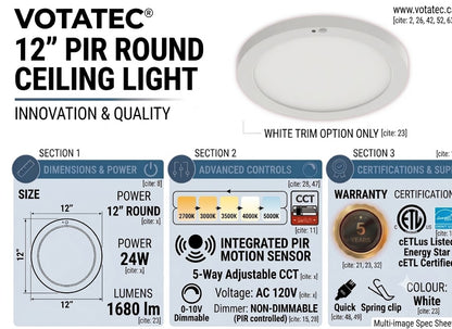 Votatec 12" Round LED Flush Mount with PIR Motion Sensor  5CCT