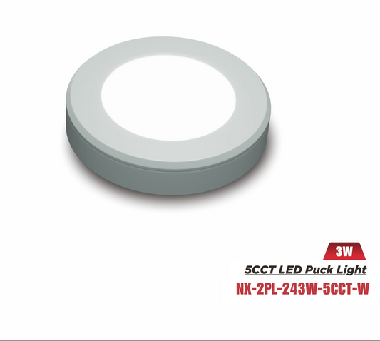 24V 3W 5CCT LED Under-Cabinet Puck Light, White-3W- NX-2PL-243W-5CCT-W. Recessed and surface mounting options.