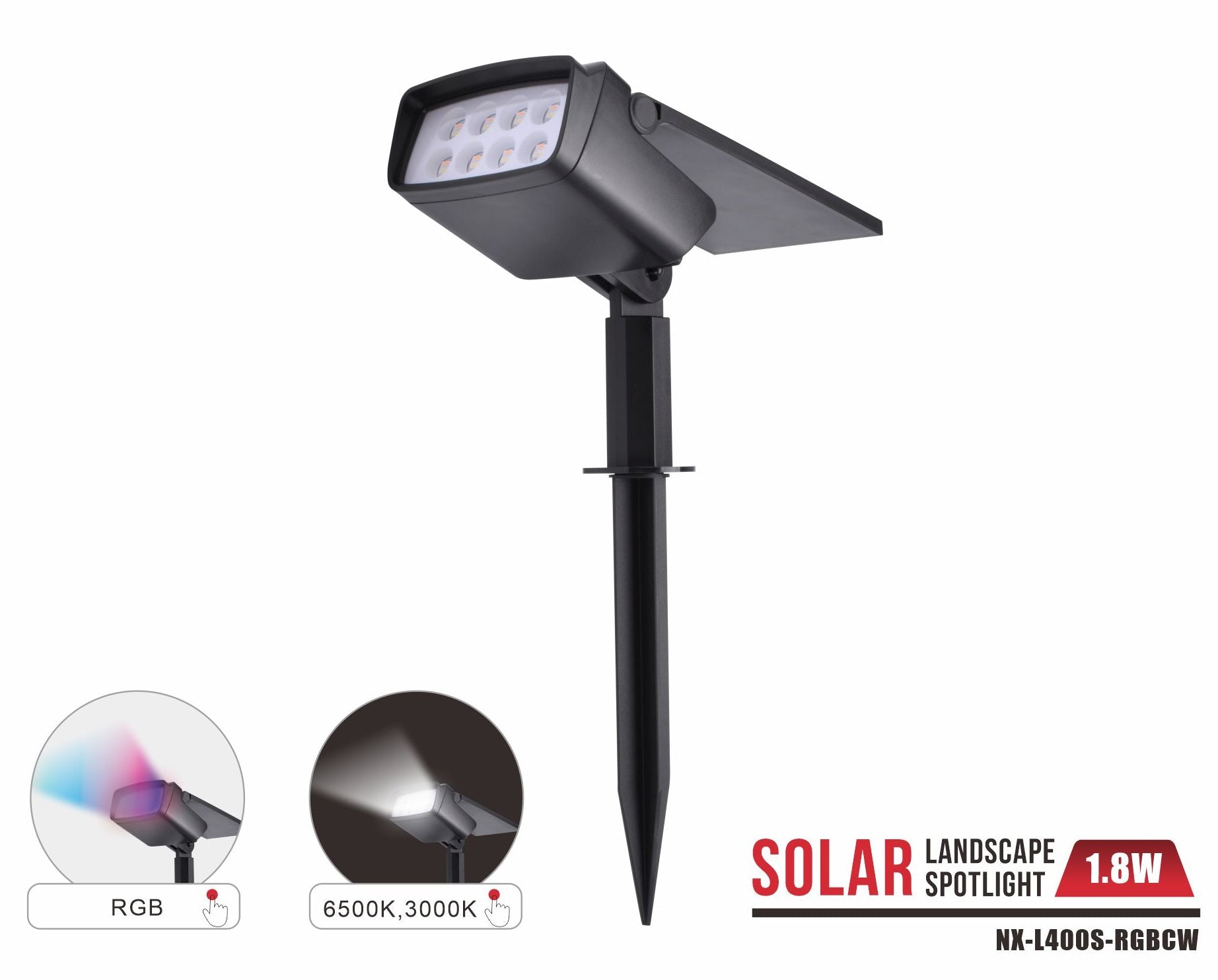Nexled RGB+CW solar landscape spotlight, 1.8W, IP65