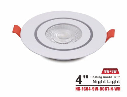 4" Floating Gimbal LED Downlight with Night Light -NX-FG04-9W-5CCT-N-WH