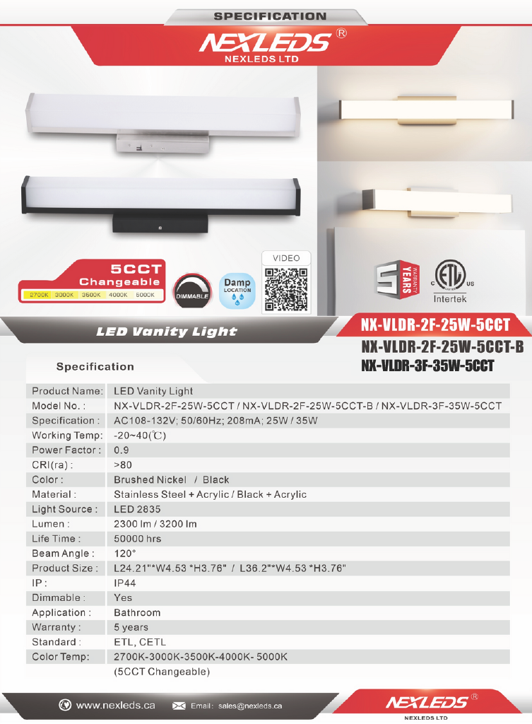 LED Rectangular Vanity Light, 3FT- 35W-5CCT (NX-VLDR-3F-35W-5CCT)