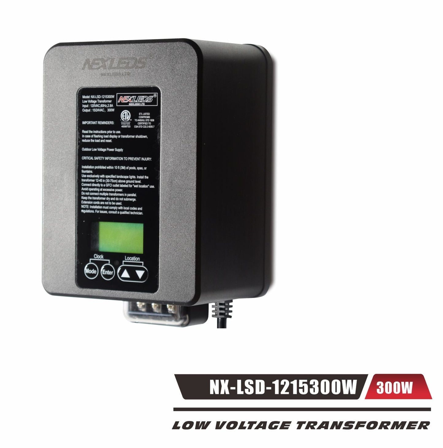 Nexled Low Voltage Transformer, 120W/300W, 24V AC,Timer + Photocell, IP65 (ETL)-for Landscaping lights only.