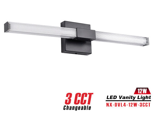 Nexled LED Vanity Light — 12W, 1200lm, Ribbed Clear Bar, 3CCT, Sand Black (ETL)