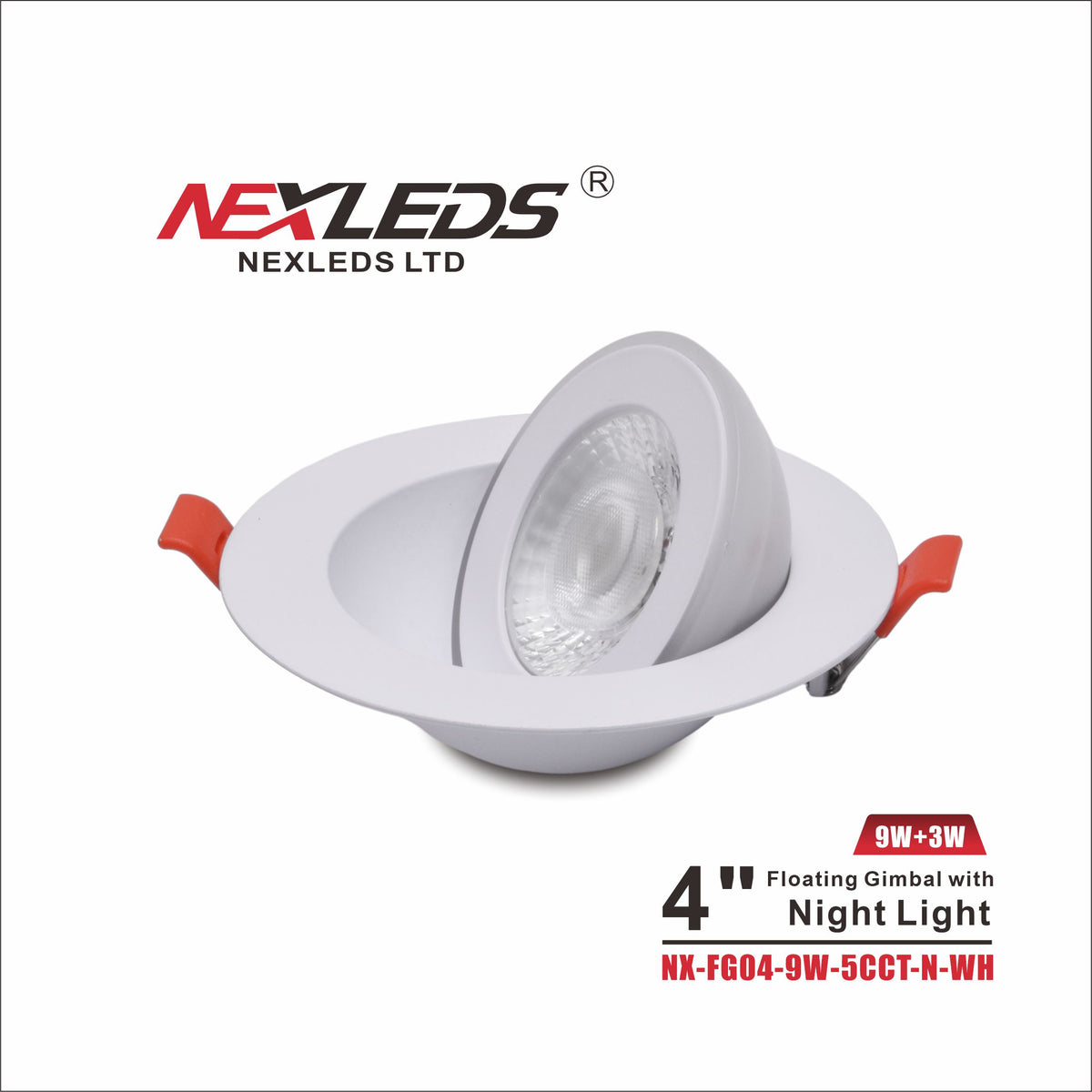 4" Floating Gimbal LED Downlight with Night Light -NX-FG04-9W-5CCT-N-WH