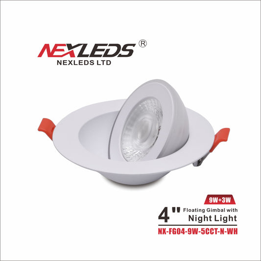 4" Floating Gimbal LED Downlight with Night Light -NX-FG04-9W-5CCT-N-WH