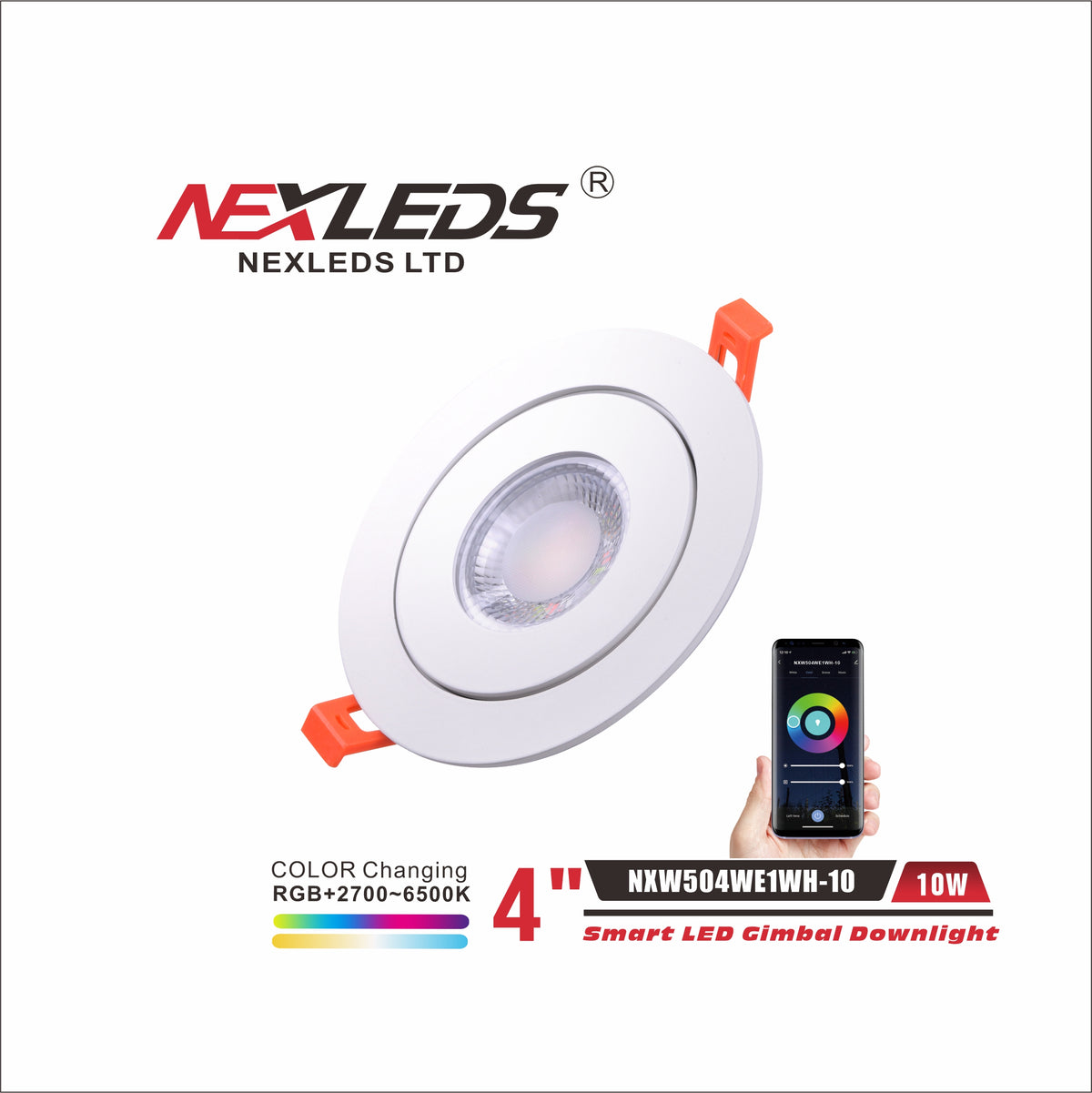 Smart RGBCW LED Gimbal Downlight, WiFi + Bluetooth-NXW504WE1WH-10