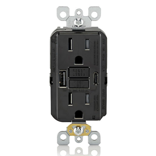 15A GFCI + USB Combo Outlet — Type A+C, Tamper-Resistant, LED Guide Light