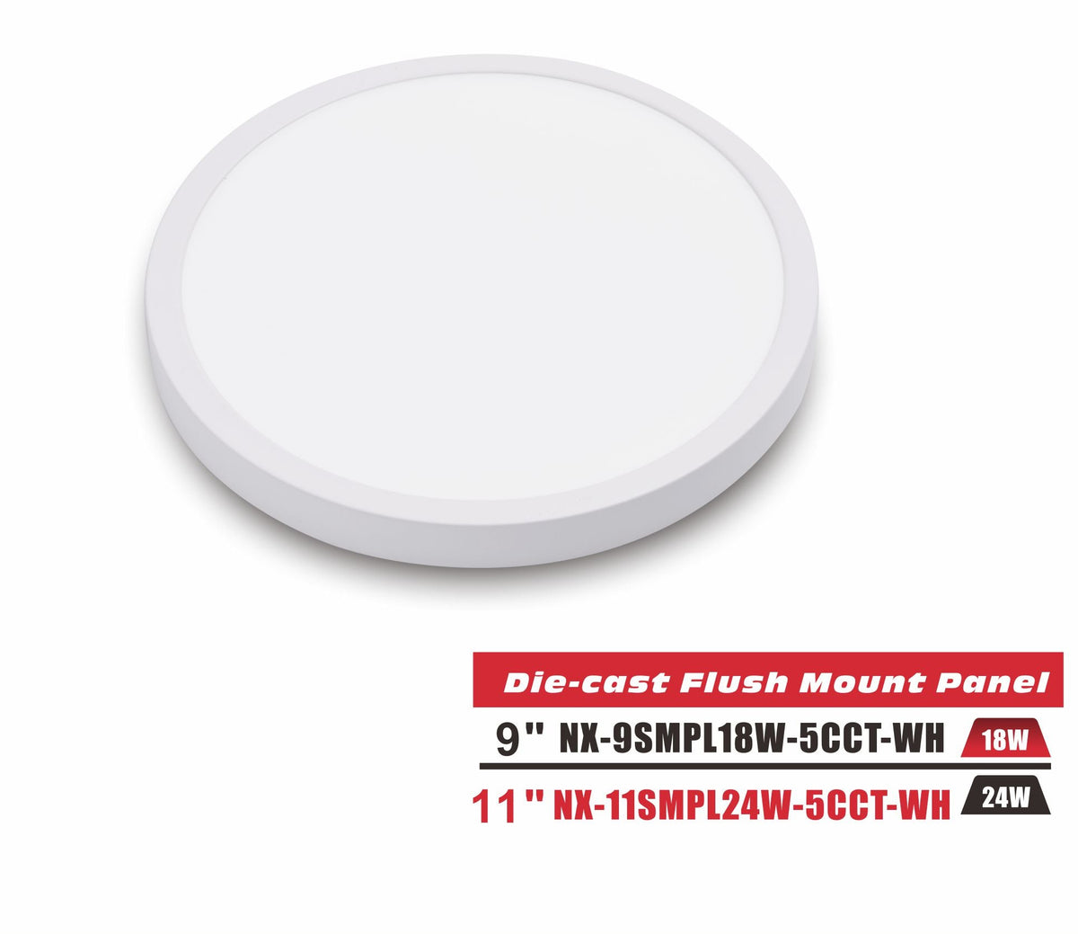 9 inch LED Die-Cast Flush Mount Panel Light, White,CRI>90, NX-9SMPL18W-5CCT-WH