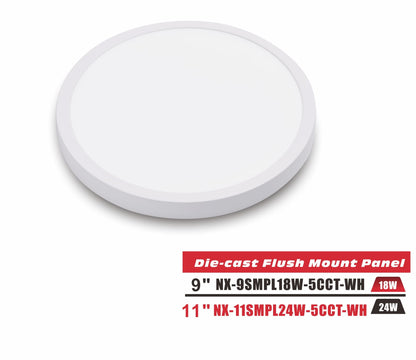 9 inch LED Die-Cast Flush Mount Panel Light, White,CRI>90, NX-9SMPL18W-5CCT-WH