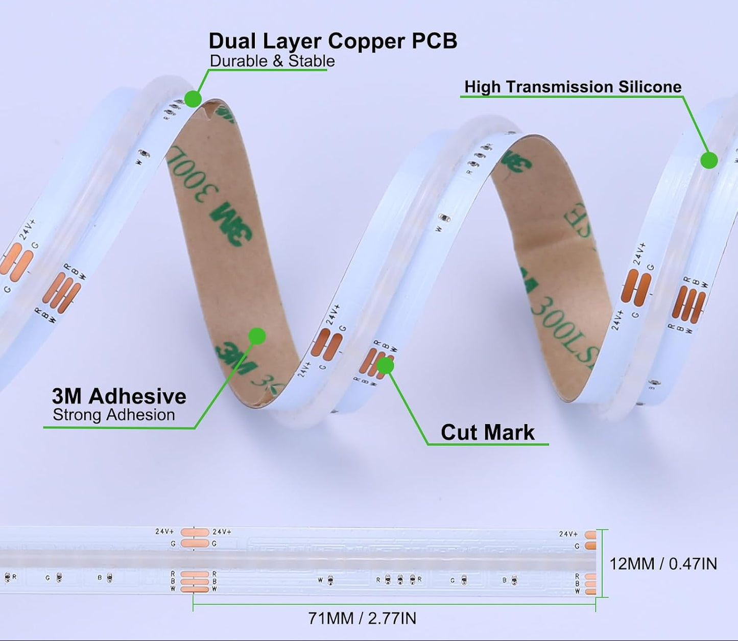 NEXLED RGBW COB LED Strip Light ,16W/M, 24V, RGB + 3000K,CRI>90, 12mm PCB, 5M Roll (UL Listed)