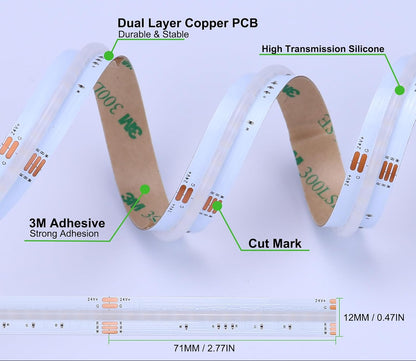 NEXLED RGBW COB LED Strip Light ,16W/M, 24V, RGB + 3000K,CRI>90, 12mm PCB, 5M Roll (UL Listed)