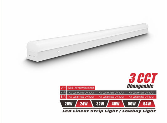 8 ft Slim LED Linear Low Bay / Strip Light, Wattage-Select 40-64W, 3CCT-NX-LLS8F64W