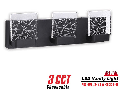 Nexled LED Vanity Light — 21W, 1350lm, 3-Light Patterned Glass, 3CCT, Sand Black (ETL)