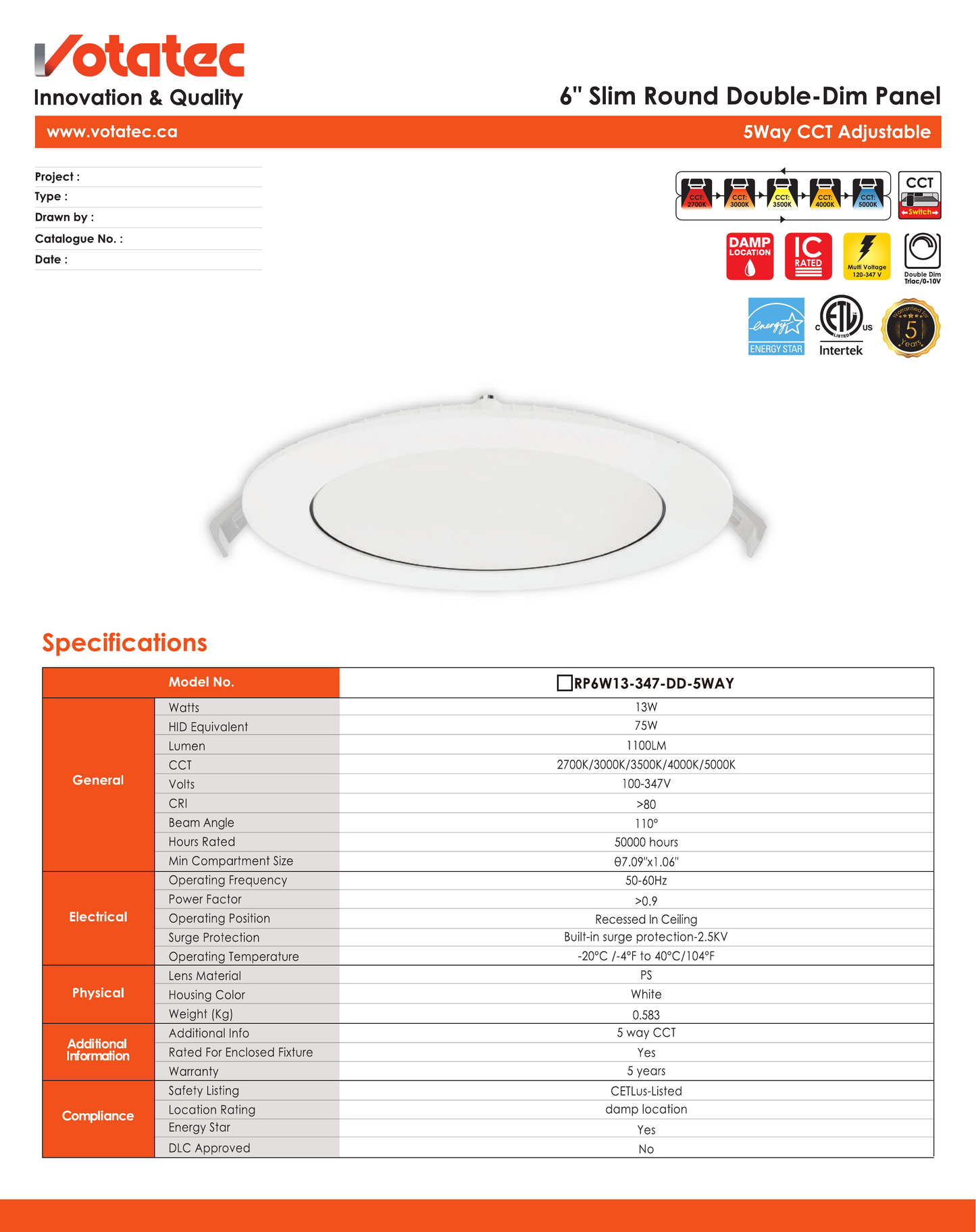 Votatec 6" Slim LED Pot Light-100-347V, 5CCT Adjustable