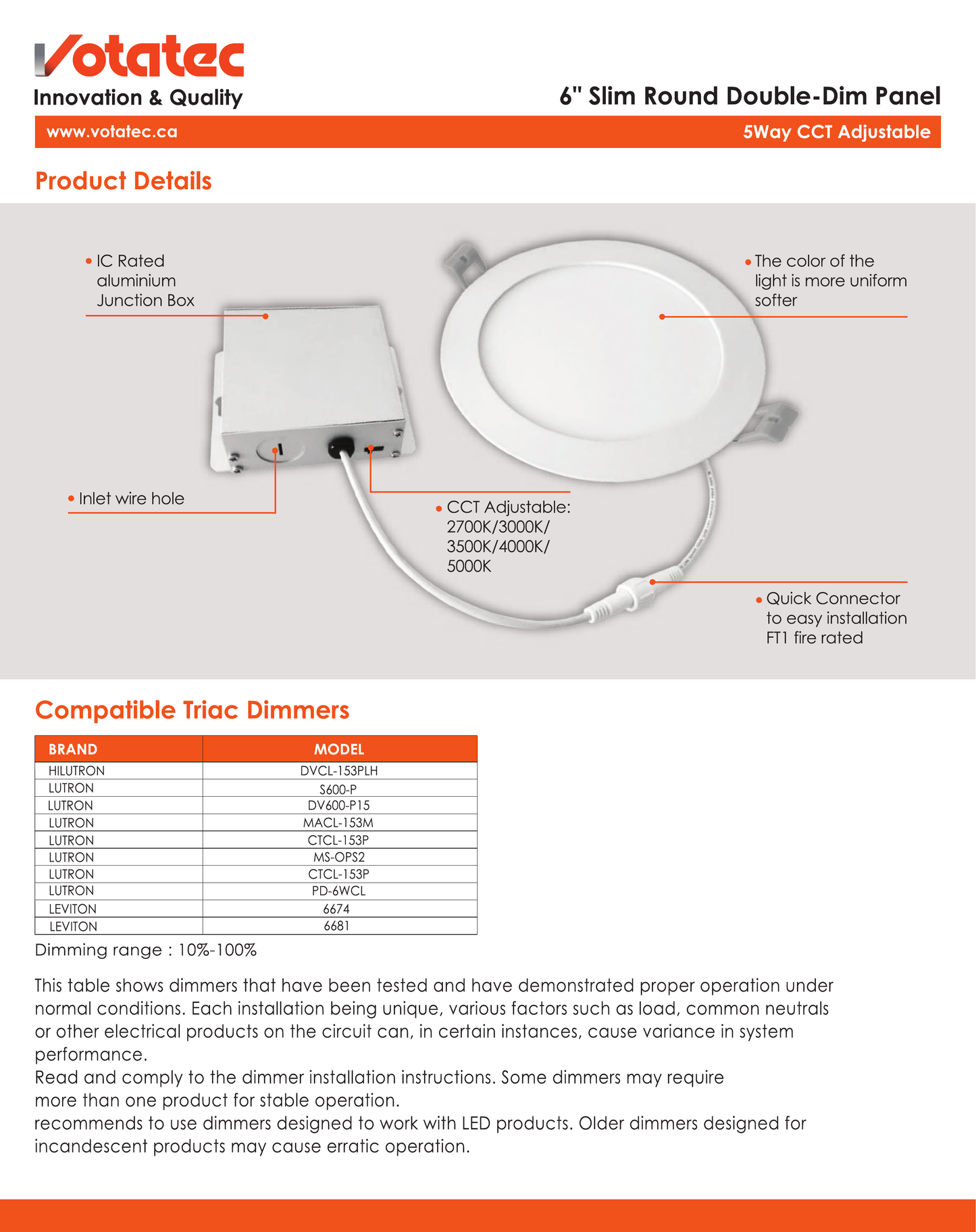 Votatec 6" Slim LED Pot Light-100-347V, 5CCT Adjustable