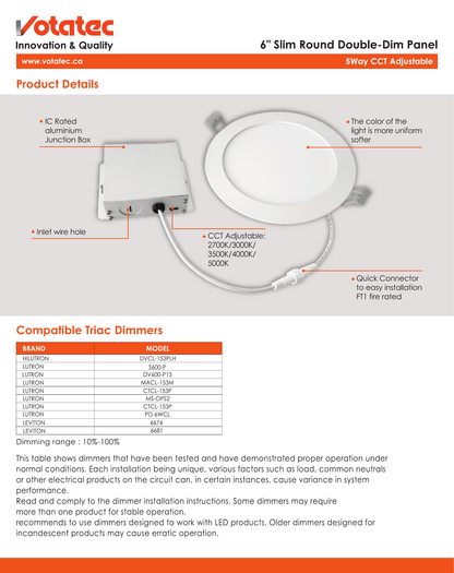 Votatec 6" Slim LED Pot Light-100-347V, 5CCT Adjustable