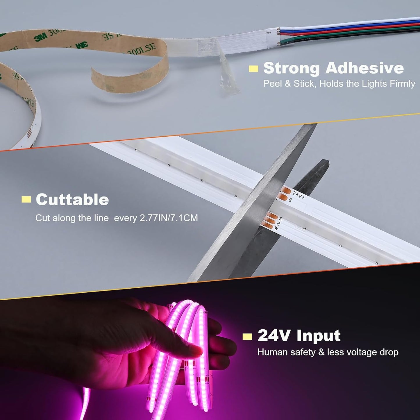 NEXLED RGBW COB LED Strip Light ,16W/M, 24V, RGB + 3000K,CRI>90, 12mm PCB, 5M Roll (UL Listed)