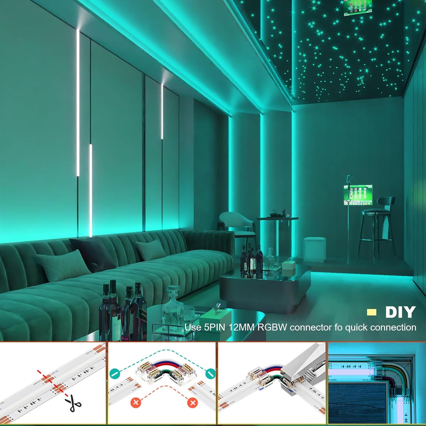 NEXLED RGBW COB LED Strip Light ,16W/M, 24V, RGB + 3000K,CRI>90, 12mm PCB, 5M Roll (UL Listed)