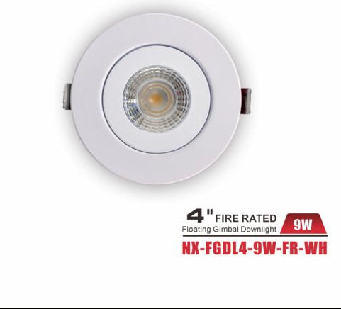 4" Fire-Rated Floating Gimbal LED Downlight, White-NX-FGDL4-9W-FR-WH