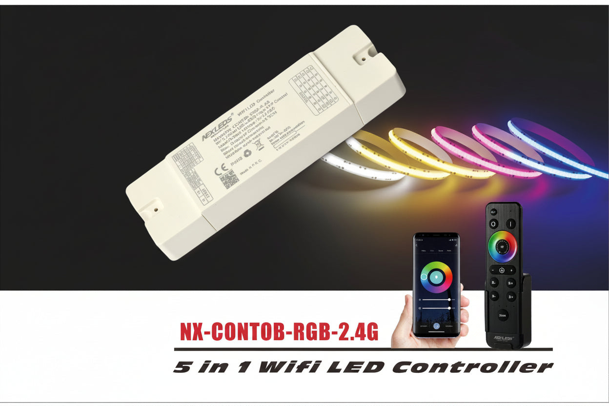 Nexled 5-in-1 WiFi LED Controller-12-24V, Dim/CCT/RGB/RGBW/RGBCW, 2.4G Remote