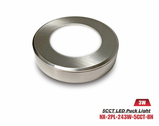 24V 3W 5CCT LED Under-Cabinet Puck Light, Brushed Nickel- NX-2PL-243W-5CCT-BN