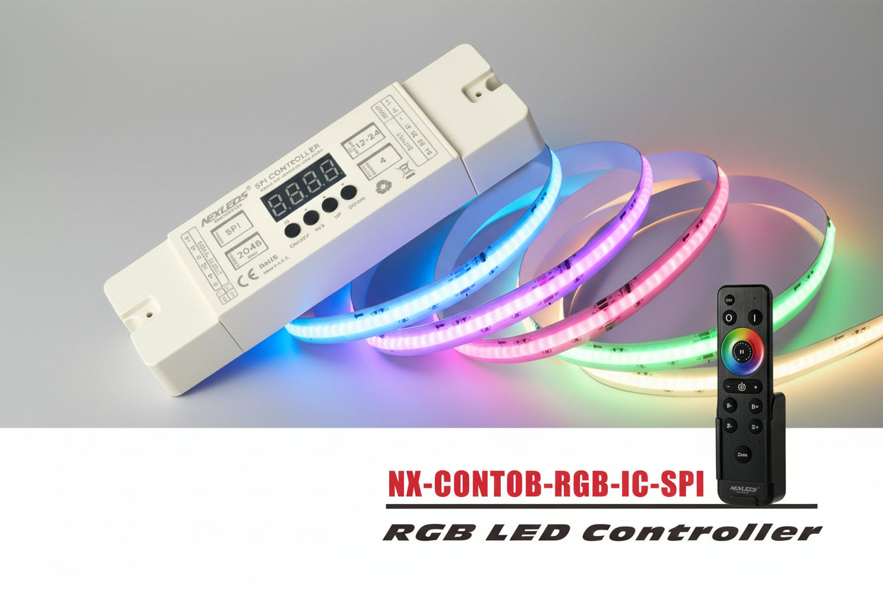 NexLeads NX-Contob-RGB-IC-SPI RGB LED controller shown with a white rectangular controller, colorful coiled LED strips in pink, blue, and green, and a black remote control on a dark background.