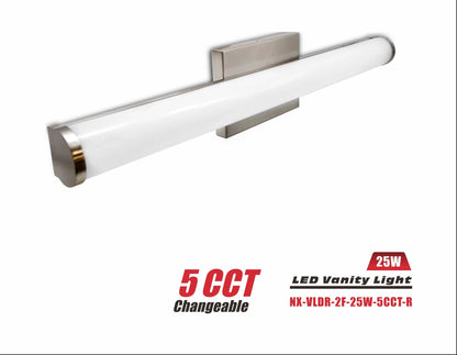 LED Long Cylindrical Vanity Light, Brushed Nickel-25W-2F-5CCT (NX-VLDR-2F-25W-R)