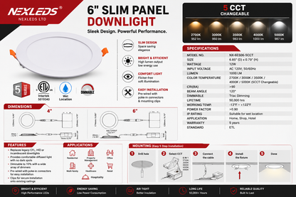 6" Slim Panel Downlight, 12W 5CCT Changeable (Wet Location)
