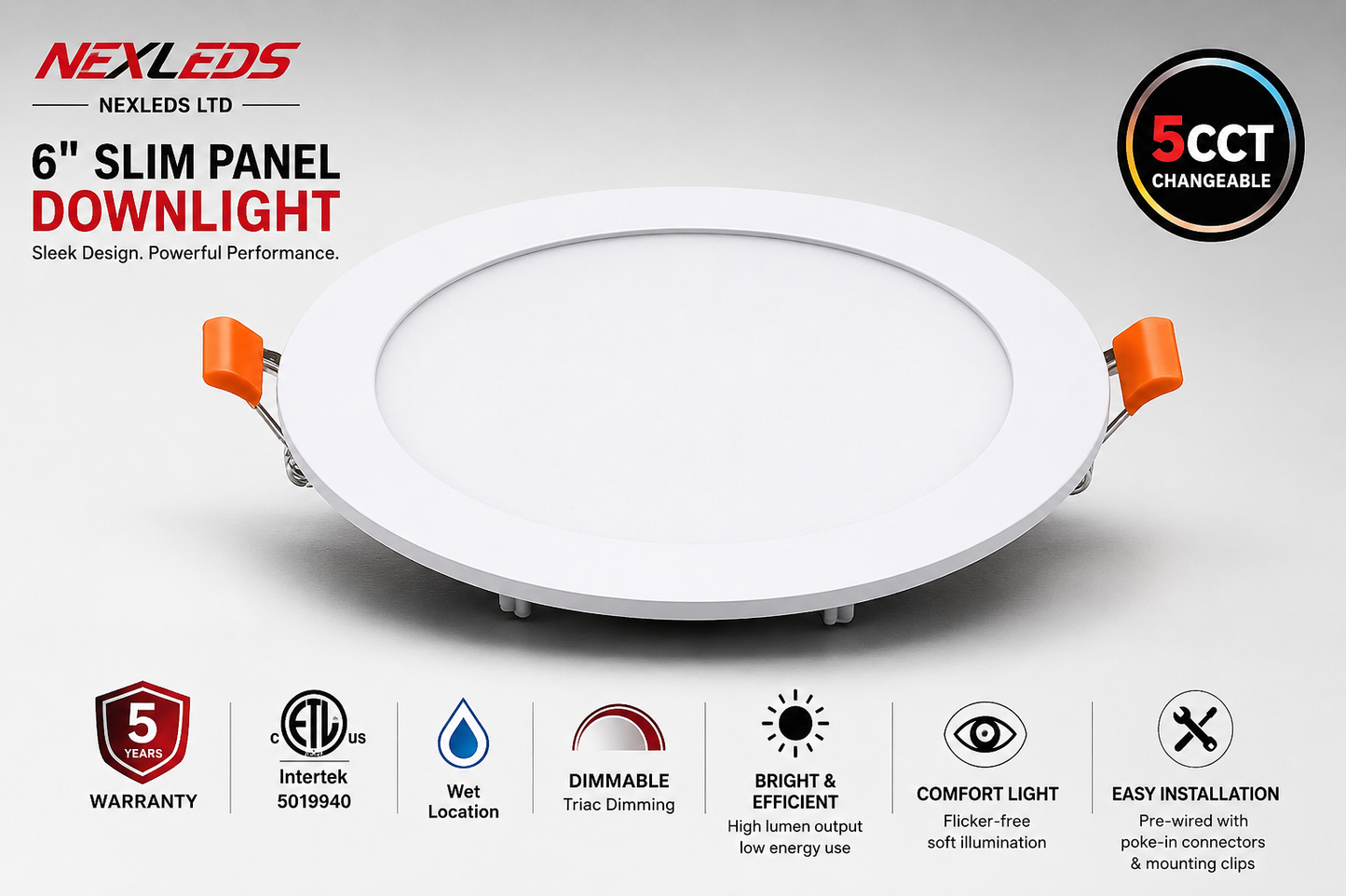 6" Slim Panel Downlight, 12W 5CCT Changeable (Wet Location)