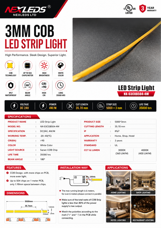 Nexled COB LED Strip Light , Ultra Slim 3mm, 4W/M, 24V, 400lm/m, IP20, 3000K,5M Roll (UL Listed)