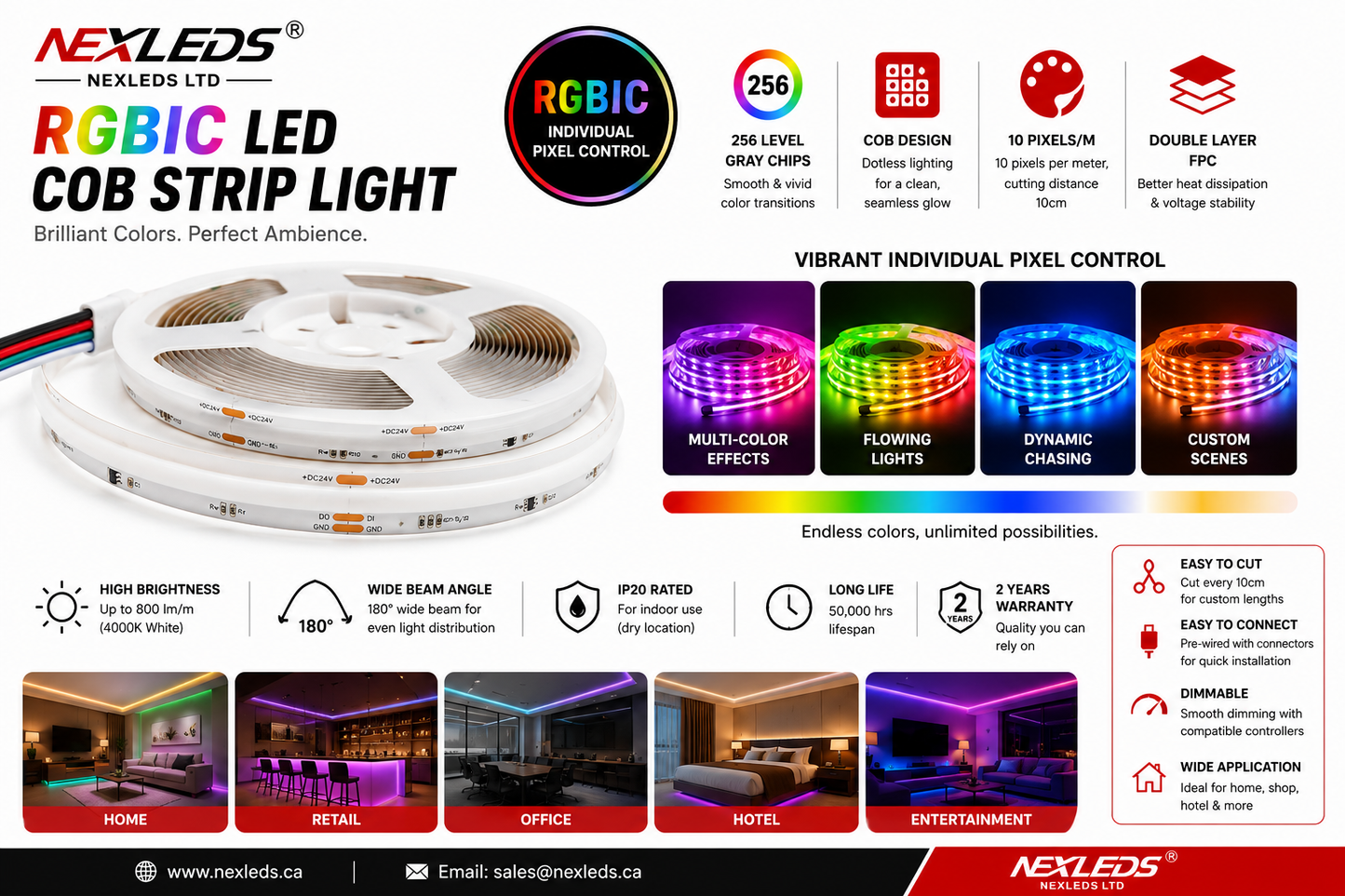 RGBIC LED COB Strip Light, ADDRESSABLE, CHASE SERIES, 16W/M RGBW, 24V, 5M Roll (UL Listed)
