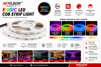 RGBIC LED COB Strip Light, ADDRESSABLE, CHASE SERIES, 16W/M RGBW, 24V, 5M Roll (UL Listed)