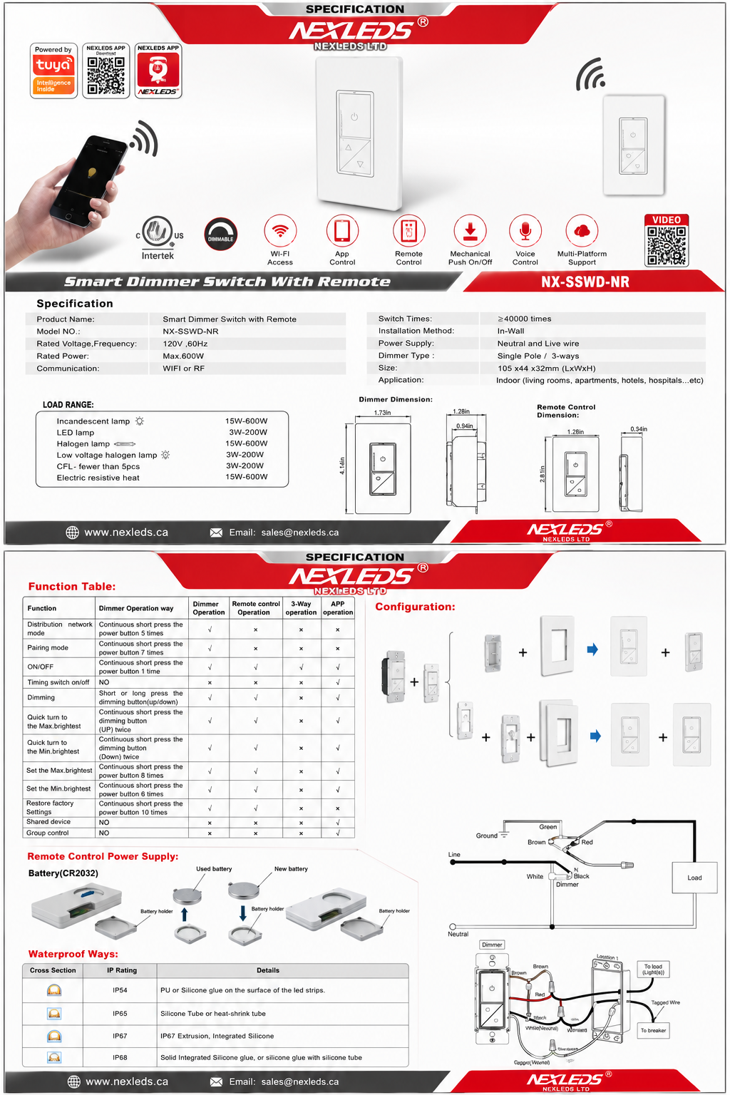 NEXLED Smart Dimmer Switch with Remote, WiFi + RF, 600W, Single Pole/3-Way (ETL)