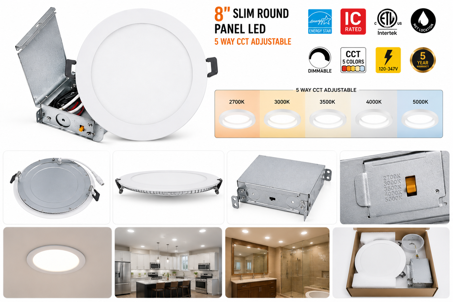 Votatec 8" Slim LED Pot Light — 5CCT Adjustable, Dimmable (120V)
