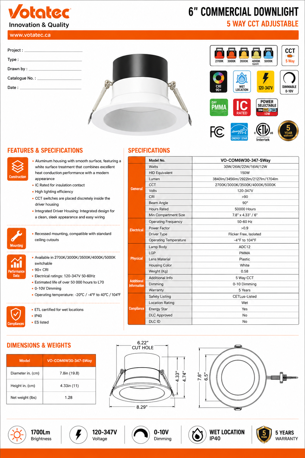 Votatec 6" Commercial LED Pot Light — 5-CCT, 120-347V, Watt Adjustable