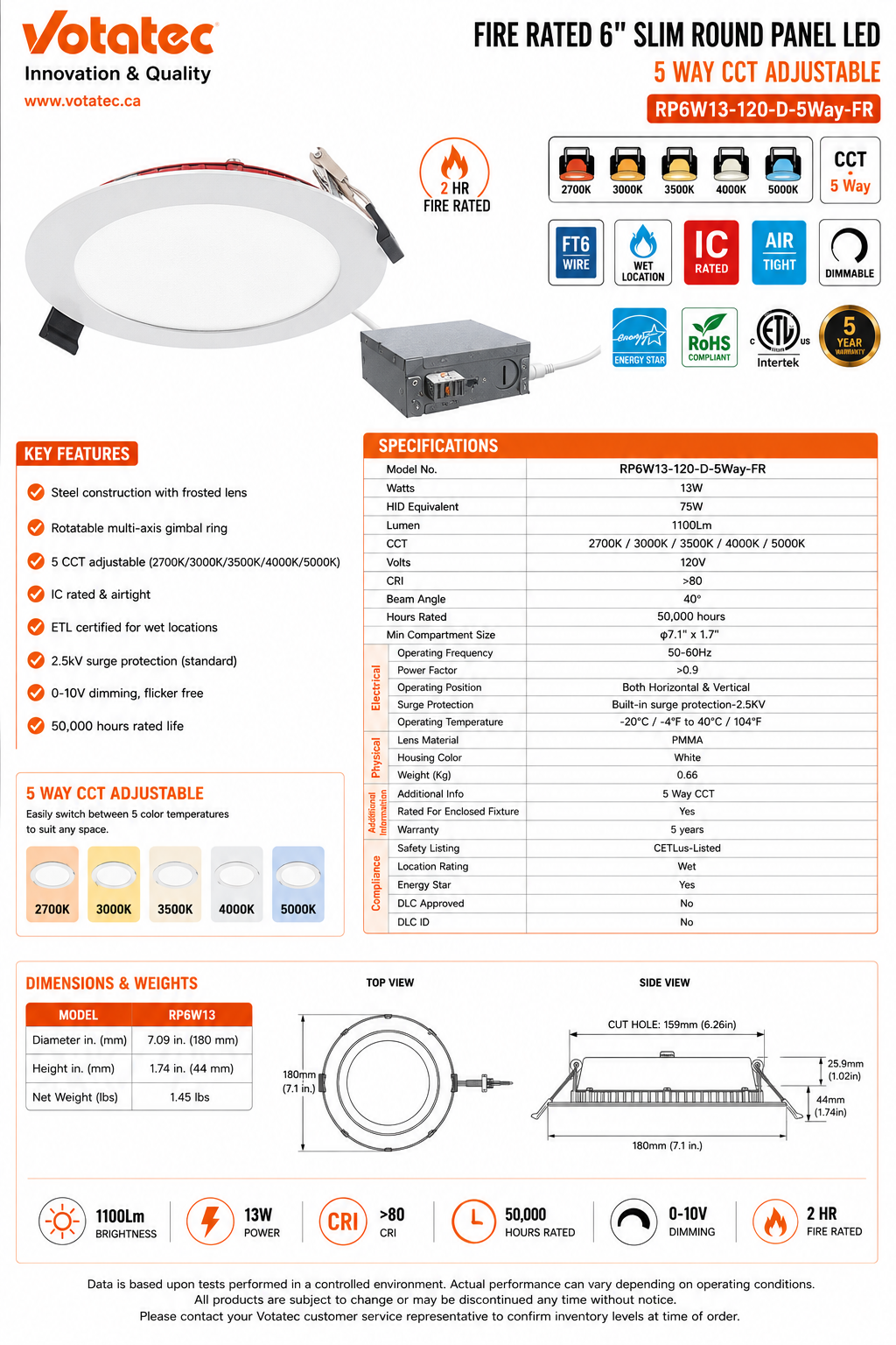 Votatec 6" Slim LED Pot Light — Fire Rated, FT6 Cable, 5CCT