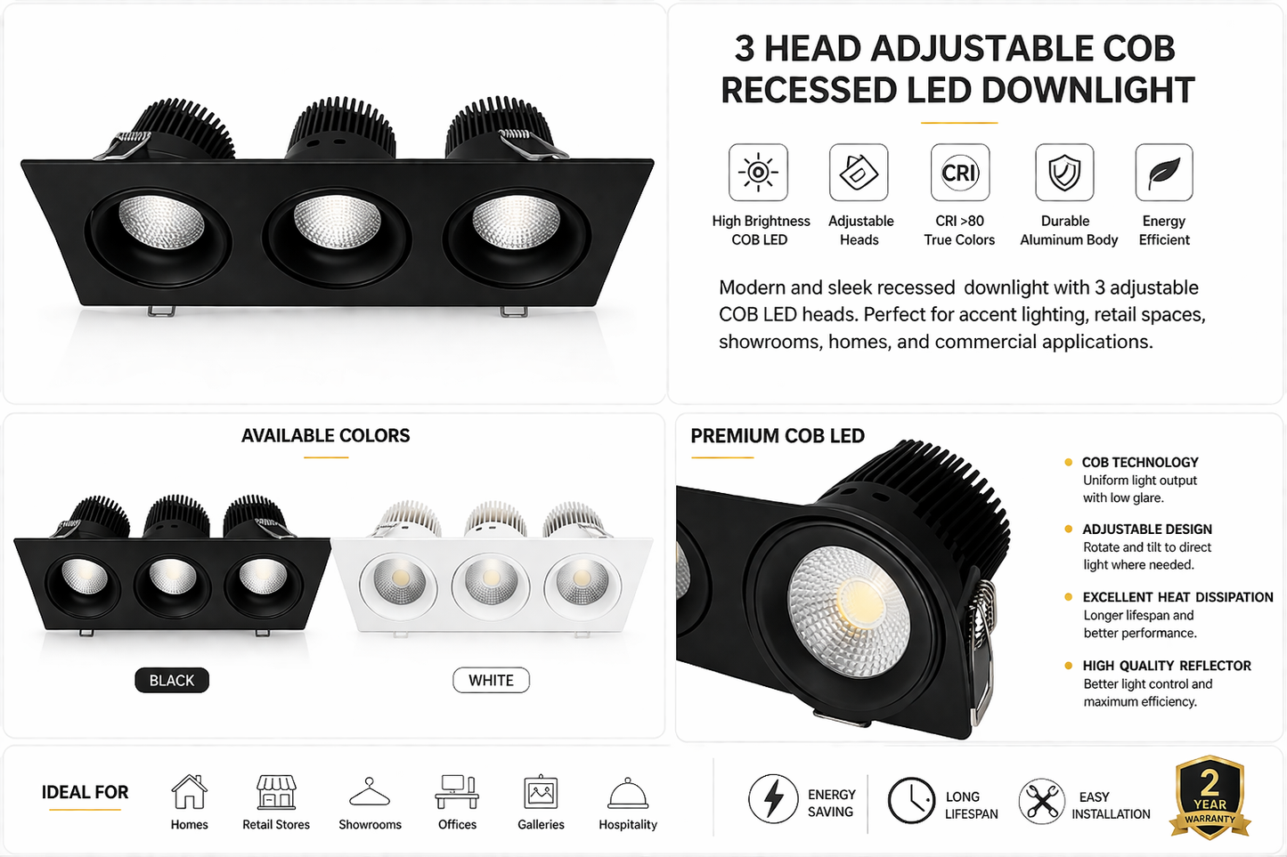 Votatec 3.5″ 3 HEADS Regressed Gimbal 5Way CCT Adjustable (White/Black)