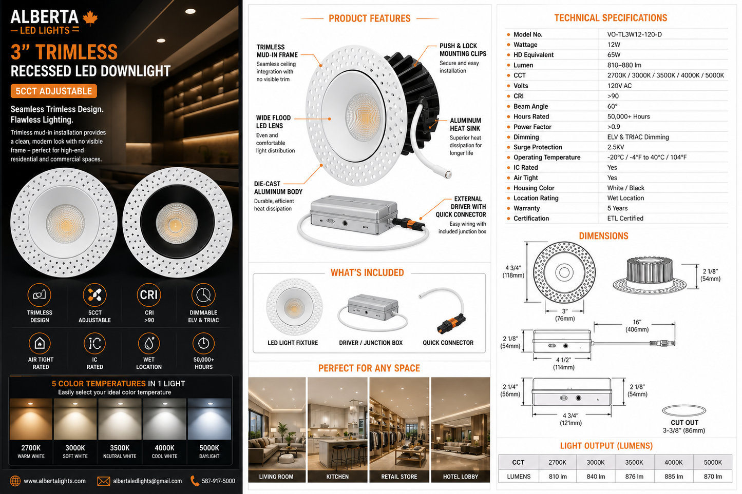 Votatec 3" Trimless LED Pot Light — 5-CCT Adjustable (White/Black)