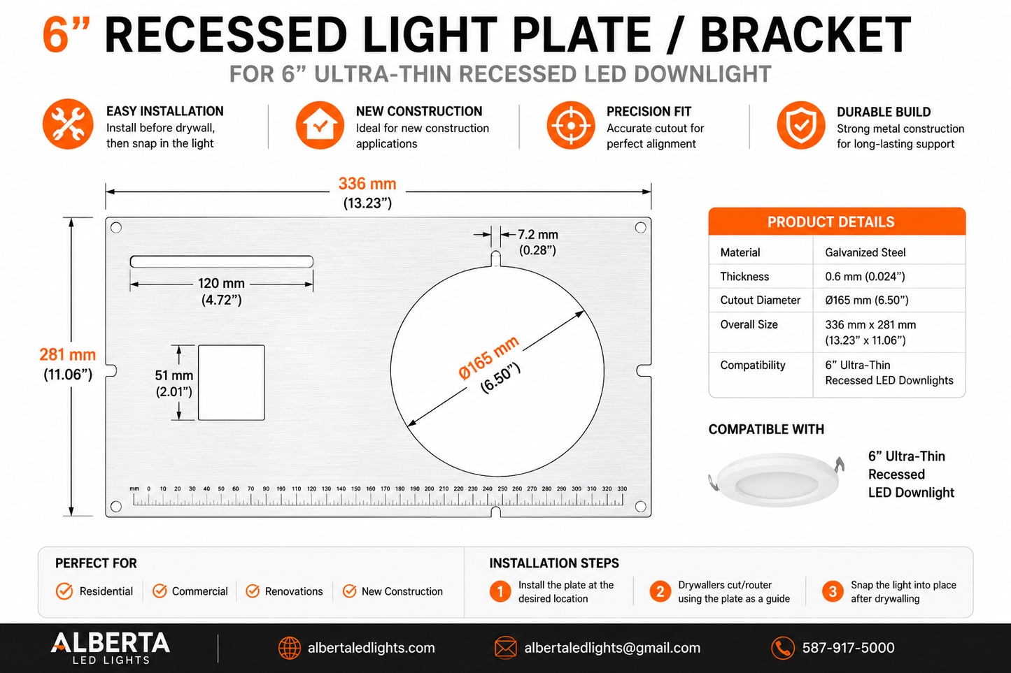 Votatec Mounting Plate for Recessed LED Pot Lights (2"–6") — Box of 25