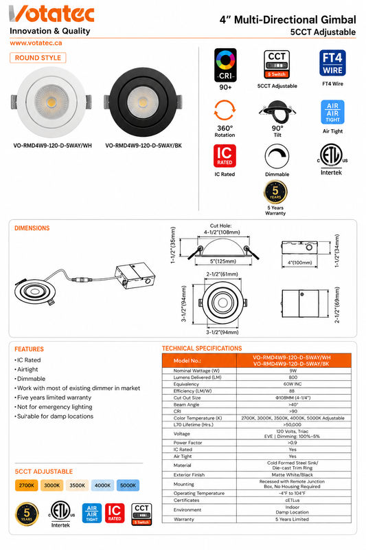 Encastré de plafond à cardan multidirectionnel Votatec 4 po à DEL 360 degrés — 5CCT (blanc/noir)