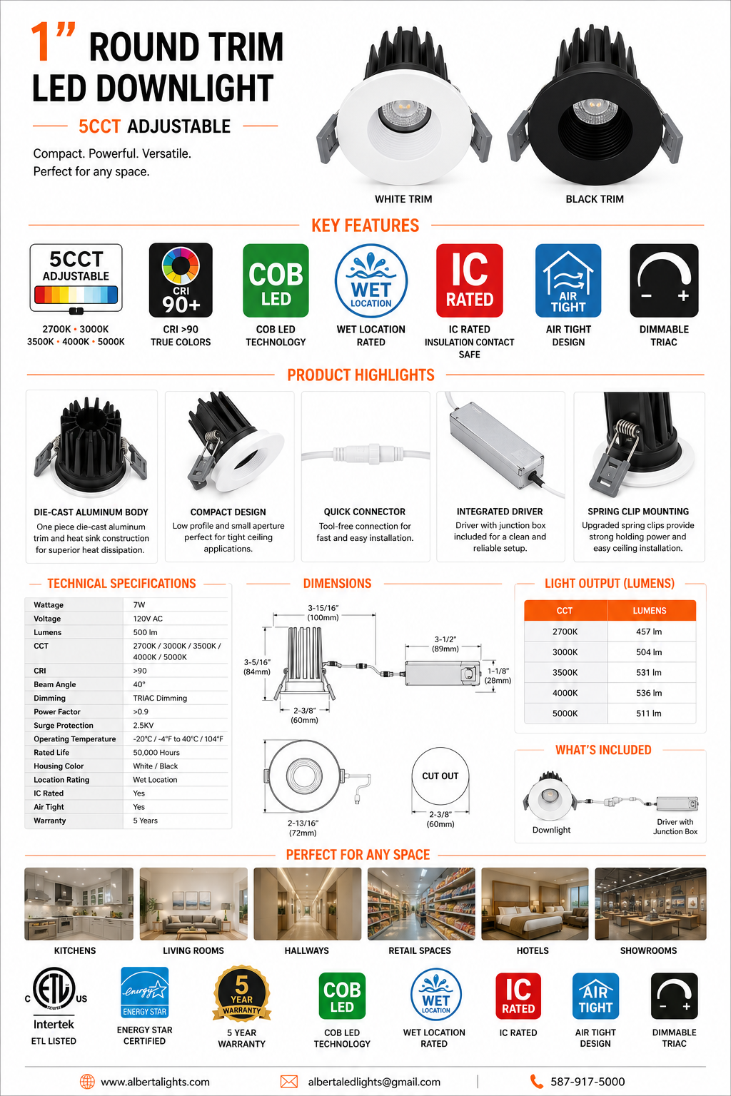 Votatec 1" Module Downlight — 5CCT, Round  (White/Black)
