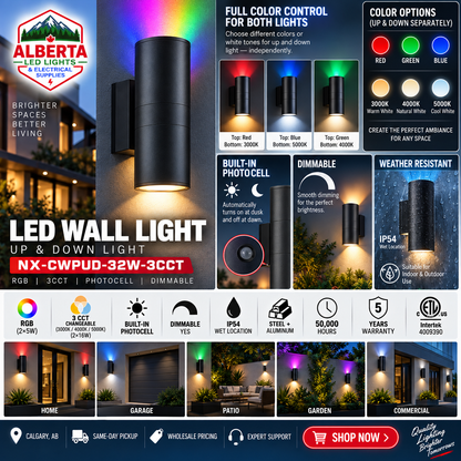 32W LED Wall Light with RGB & 3CCT Selectable-Up & Down Light-Photocell-Black