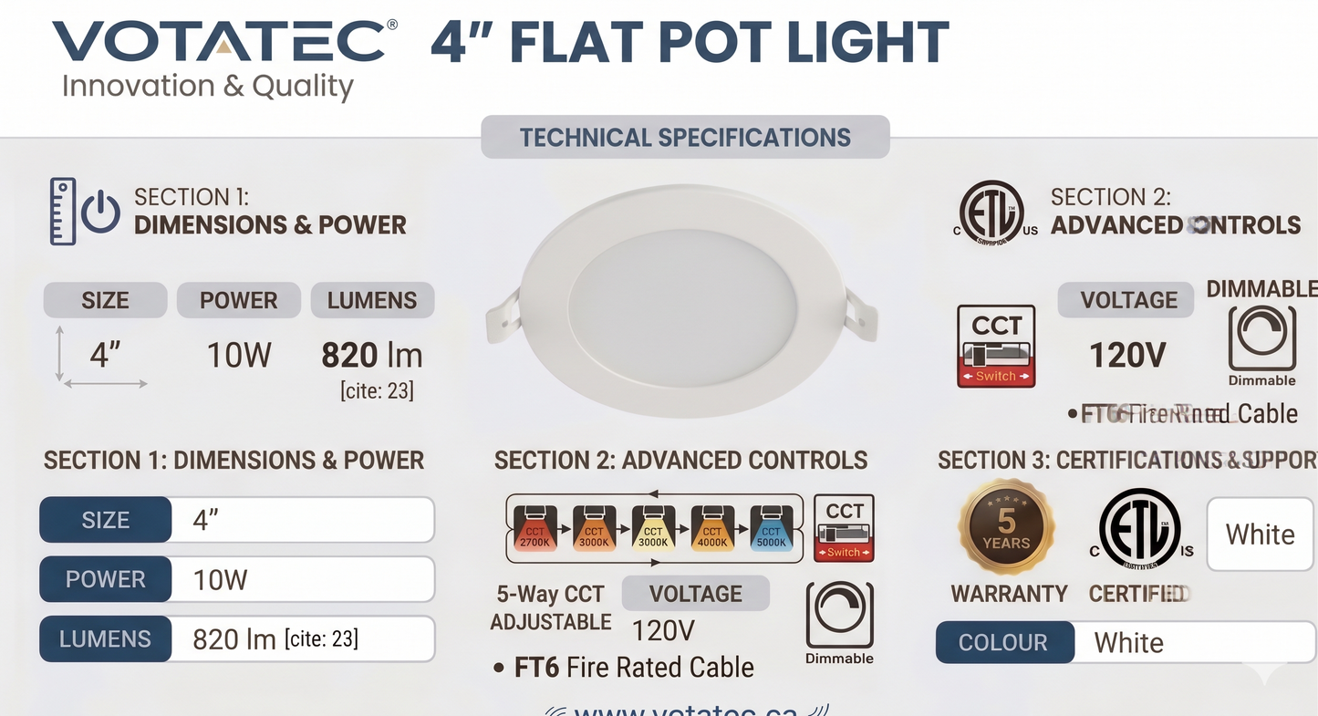 Votatec 4" Slim LED Pot Light Fire Rated, FT6 Cable, 5CCT