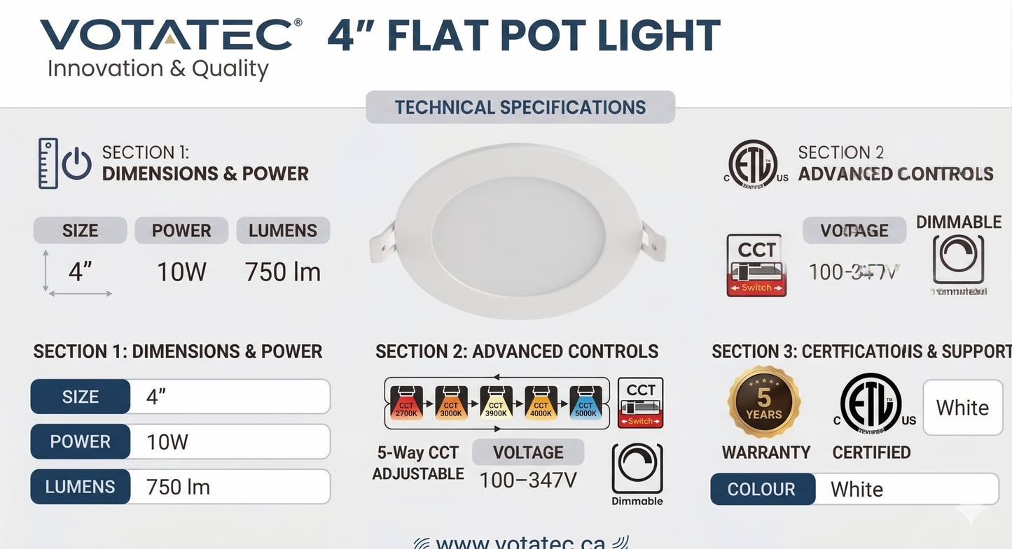 Votatec 4" Slim LED Pot Light 100-347V, 5CCT Adjustable