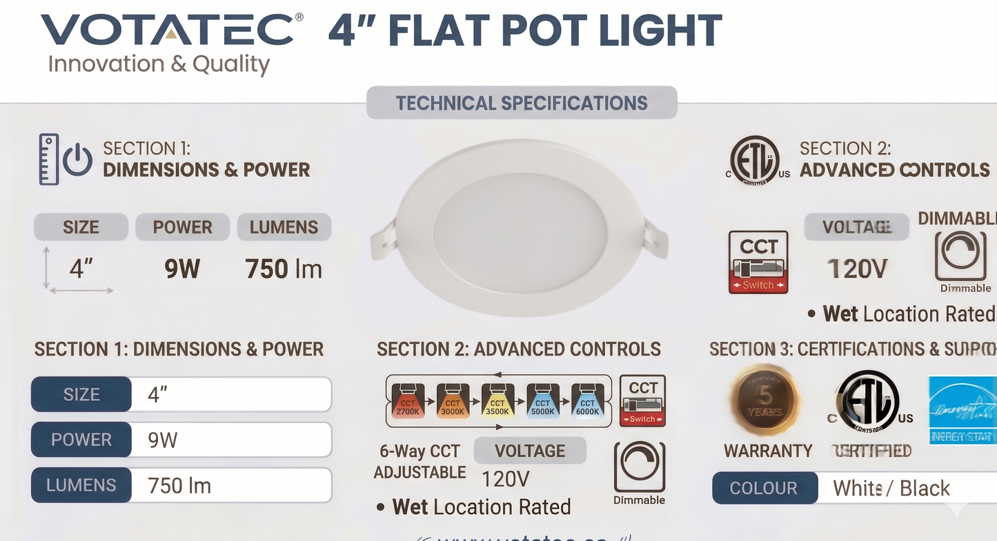 Votatec 4" Slim LED Pot Light 6 Way CCT Adjustable, Wet Location (White/Black)