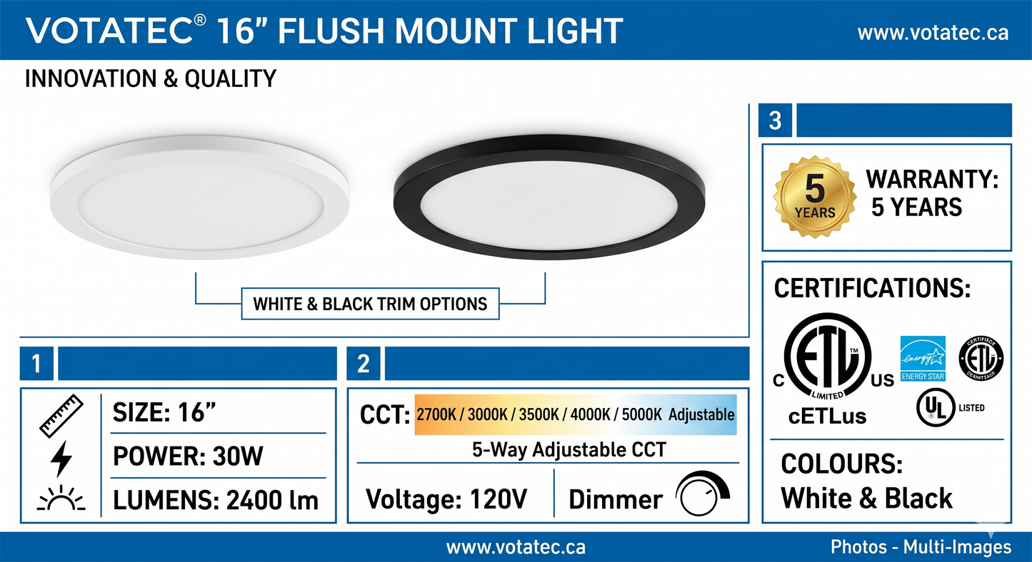 Votatec 16" Round LED Flush Mount  5CCT Adjustable, Dimmable
