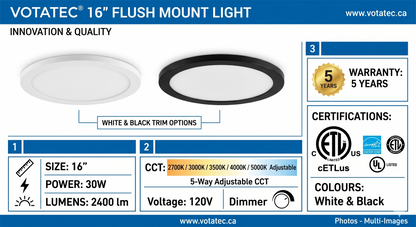 Votatec 16" Round LED Flush Mount  5CCT Adjustable, Dimmable