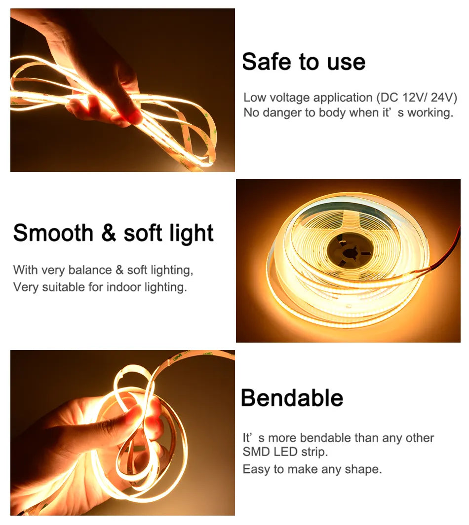 12V COB LED Strip Light — 480 LEDs/m, RA90, UL Listed