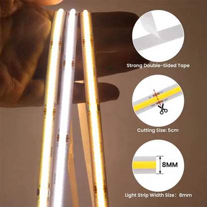 NEXLED COB LED Strip Light ,8W/M, 24V, 840lm/m, Multi IP Rating, 5M Roll (UL Listed)