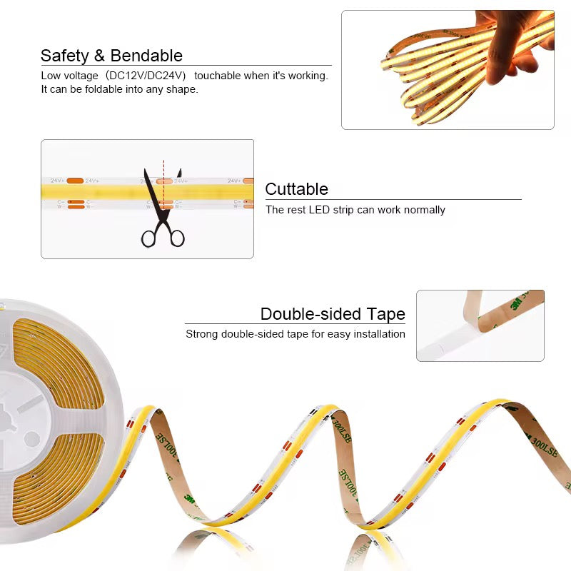 NEXLED COB LED Strip Light Slim 5mm, 6W/M, 24V, 570lm/m, 504LED/M, 5M Roll, IP20  (UL Listed)